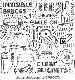 Clear orthodontic aligners. Vector hand drawn doodles