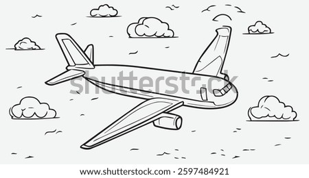 A Clear Outline of an Airplane in the Sky with Clouds, a drawing of no color, children coloring books and illustrations, Vector EPS, transparent background, minimalist line art.