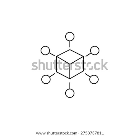 A clear outline icon depicting a central cube connected radially to six surrounding circular nodes.