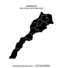 A clear outline map of Morocco highlighting various political regions. The design presents a monochromatic view, providing a simple yet informative representation of the countrys geography.