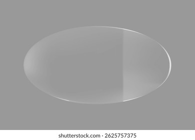 A clear, oval glass object on a gray background. The glass object has a smooth, reflective surface. Oval shape and glass material are key features. Sticker element vector.