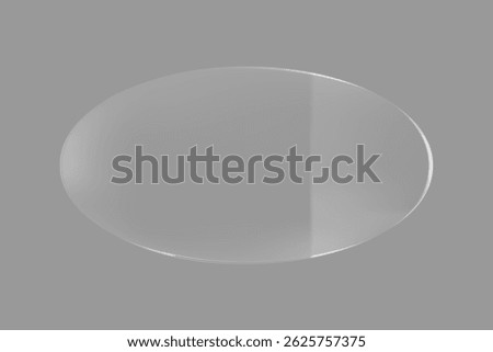 A clear, oval glass object on a gray background. The glass object has a smooth, reflective surface. Oval shape and glass material are key features. Sticker element vector.