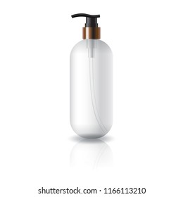 Clear oval round cosmetic bottle with black spray head for beauty product packaging. Isolated on white background with reflection shadow. Ready to use for package design. Vector illustration.