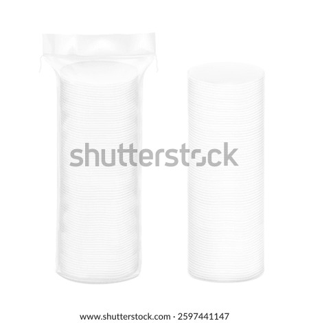 Clear packaging bag for round cotton pads mockup. Vector illustration isolated on white background. Template for your product. EPS10.	