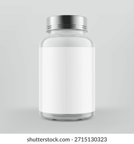 Botella de píldora transparente con maqueta de etiqueta para suplementos, vitaminas, golosinas. Ilustración vectorial aislada sobre fondo gris. Mockup es ideal para proyectos de salud. EPS10.