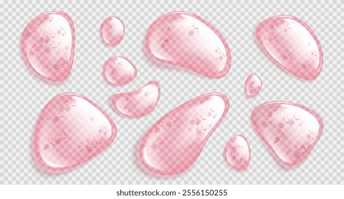 Clear pink water like drops with reflective surfaces and bubbles texture on transparent background. Liquid moisture elements of irregularly shape. Oil, serum or gel cosmetic skincare product droplets.