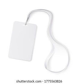 Clear Plastic Badge Id Card With White Neck Lanyard. Realistic Vector Illustration