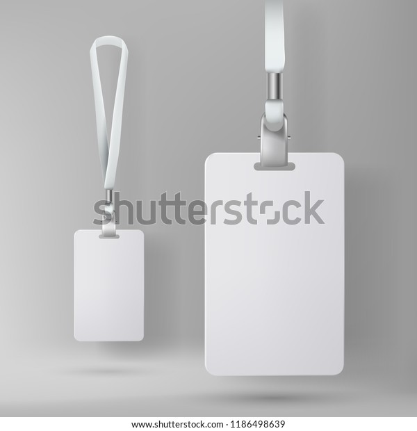 Clear plastic badge id card with white neck\
lanyard. Realistic vector\
illustration