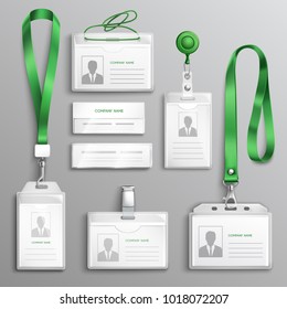 Clear plastic badges id cards holders collection with green neck lanyards and retractable reel clip realistic vector illustration 