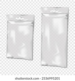 Clear plastic bag with euro hole. 3d mockup set. Hanging empty sachet pouch on transparent background. Realistic vector mock-up. Vinyl envelope sleeve package. Template for design