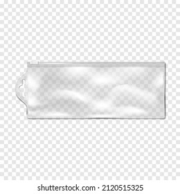 Clear plastic bag with zip lock and hanging slot on transparent background, realistic vector mockup. Empty zipper pvc vinyl package, mock-up