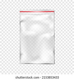 Clear plastic bag with zip lock on transparent background, realistic vector mockup. Empty zipper PVC vinyl package, mock-up