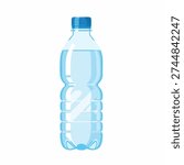 A clear plastic bottle filled with fresh drinking water, featuring a blue screw cap, against a white background.