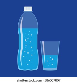 Clear plastic bottle and glass with fresh sparkling water. Flat icon isolated on blue background. A healthy lifestyle concept. Stylized vector eps10 illustration with transparency.