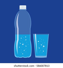 Clear plastic bottle and glass with fresh sparkling water. Flat icon isolated on blue background. A healthy lifestyle concept. Stylized vector eps10 illustration with transparency.
