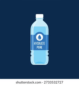 Clear plastic bottle of pure water with Hydrate Pure label flat vector illustration for health and wellness concepts isolated on dark blue background