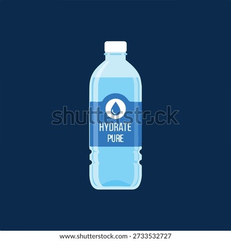 Clear plastic bottle of pure water with Hydrate Pure label flat vector illustration for health and wellness concepts isolated on dark blue background