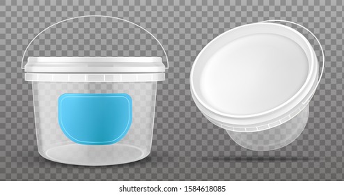 Clear plastic bucket with blue label and white lid isolated on transparent background.Vector mockup of realistic 3d empty container for food, sauce, ice cream front and top view