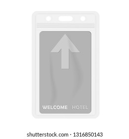 Clear plastic card holder with hotel keycard inside, vector template.