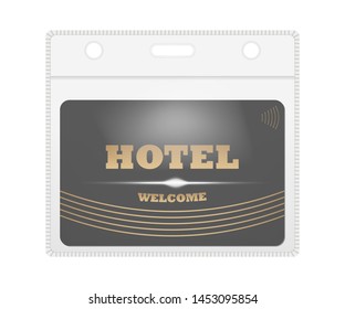 Clear Plastic Card Holder With Hotel Keycard Inside, Vector Template. Horizontal PVC Transparent Badge Sleeve Envelope.