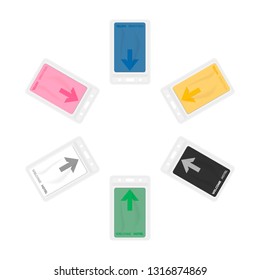 Clear plastic card holders with multicolored hotel keycards inside isolated on white background. Vinyl sleeve envelope with zip lock and hanging slot, vector template set.