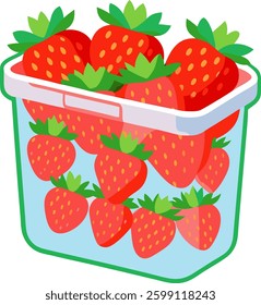A clear plastic container filled with fresh, red strawberries
