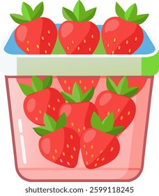 A clear plastic container filled with fresh, red strawberries