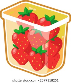 A clear plastic container filled with fresh, red strawberries