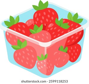 A clear plastic container filled with fresh, red strawberries