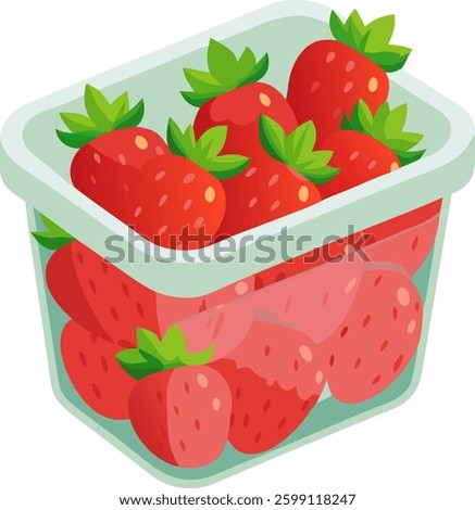 A clear plastic container filled with fresh, red strawberries