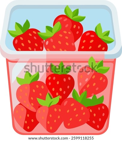 A clear plastic container filled with fresh, red strawberries