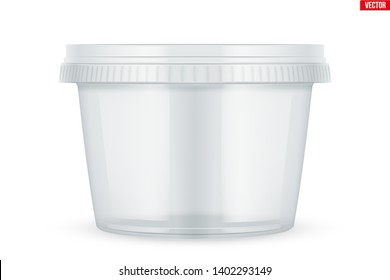 Clear Plastic container for food. Circle Realistic Blank of Food delivery and foodstuff. Vector Illustration isolated on white background.