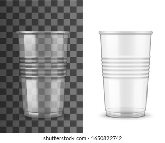 Clear plastic cup 3d mockups with cold drink disposable containers. Vector templates of takeaway beverage mugs for ice coffee, tea and juice, cocktail, milkshake and beer, soda and water