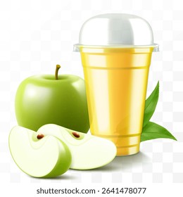 Clear plastic cup with apple juice or smoothie. Cup with sphere dome cap for milkshake, lemonade. Fruity organic shake with ice cube. Fruit cocktail. Realistic 3d vector template