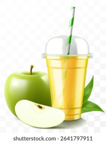 Clear plastic cup with apple juice or smoothie. Cup with sphere dome cap for milkshake, lemonade. Fruity organic shake with ice cube. Fruit cocktail. Realistic 3d vector template