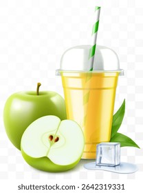 Clear plastic cup with apple juice or smoothie. Cup with sphere dome cap for milkshake, lemonade. Fruity organic shake with ice cube. Fruit cocktail. Realistic 3d vector template