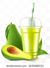 Clear plastic cup with avocado juice or smoothie. Cup with sphere dome cap for milkshake, lemonade. Fruity organic shake with ice cube. Fruit cocktail. Realistic 3d vector template