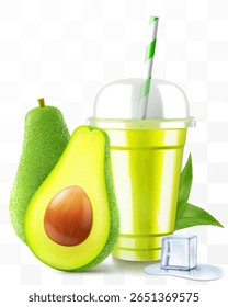 Clear plastic cup with avocado juice or smoothie. Cup with sphere dome cap for milkshake, lemonade. Fruity organic shake with ice cube. Fruit cocktail. Realistic 3d vector template
