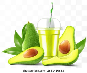 Copo de plástico transparente com suco de abacate ou smoothie. Xícara com tampa de cúpula de esfera para milkshake, limonada. Agite orgânico frutado com cubo de gelo. Coquetel de frutas. Modelo de vetor 3d realista