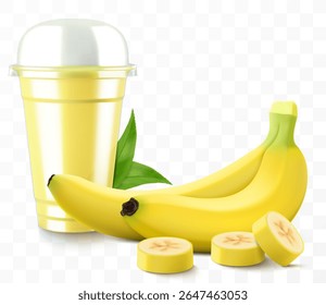 Clear plastic cup with banana juice or smoothie. Fruit cocktail. Cup with sphere dome cap for milkshake, lemonade, cold or hot drink. Mug of fruity organic shake. Realistic 3d vector template