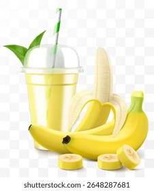 Clear plastic cup with banana juice or smoothie. Fruit cocktail. Cup with sphere dome cap for milkshake, lemonade, cold or hot drink. Mug of fruity organic shake. Realistic 3d vector template