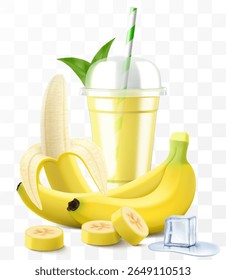 Clear plastic cup with banana juice or smoothie. Fruit cocktail. Cup with sphere dome cap for milkshake, lemonade, cold or hot drink. Mug of fruity organic shake. Realistic 3d vector template