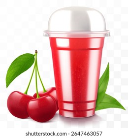 Clear plastic cup with cherry juice or smoothie. Fruit cocktail. Cup with sphere dome cap for milkshake, lemonade, cold or hot drink. Mug of fruity organic shake. Realistic 3d vector template