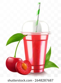 Clear plastic cup with cherry juice or smoothie. Fruit cocktail. Cup with sphere dome cap for milkshake, lemonade, cold or hot drink. Mug of fruity organic shake. Realistic 3d vector template