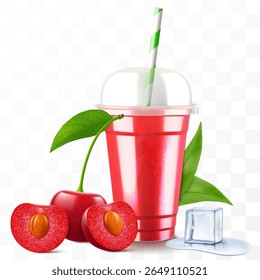 Clear plastic cup with cherry juice or smoothie. Fruit cocktail. Cup with sphere dome cap for milkshake, lemonade, cold or hot drink. Mug of fruity organic shake. Realistic 3d vector template
