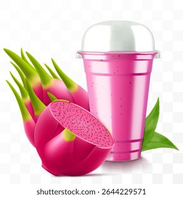 Clear plastic cup with dragon fruit juice or pitaya smoothie. Cup with sphere dome cap for milkshake, lemonade. Fruity organic shake. Fruit cocktail. Realistic 3d vector template