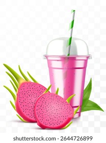 Clear plastic cup with dragon fruit juice or pitaya smoothie. Cup with sphere dome cap for milkshake, lemonade. Fruity organic shake. Fruit cocktail. Realistic 3d vector template