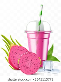 Copo de plástico transparente com suco de fruta de dragão ou pitaya smoothie. Xícara com tampa de cúpula de esfera para milkshake, limonada. Agitação orgânica frutada. Coquetel de frutas. Modelo de vetor 3d realista