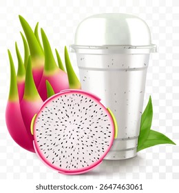 Copo de plástico transparente com suco de fruta de dragão ou pitaya smoothie. Xícara com tampa de cúpula de esfera para milkshake, limonada. Agitação orgânica frutada . Coquetel de frutas. Modelo de vetor 3d realista