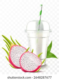 Copo de plástico transparente com suco de fruta de dragão ou pitaya smoothie. Xícara com tampa de cúpula de esfera para milkshake, limonada. Agite orgânico frutado com palha. Coquetel de frutas. Modelo de vetor 3d realista